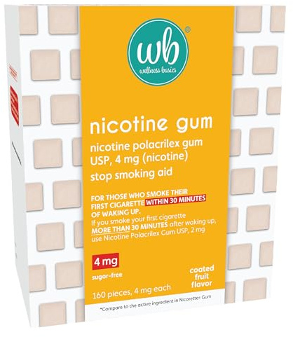 Wellness Basics Nicotine Gum 4mg | Stop-Smoking Aid | Fruit Flavor | 160 Count | Reduces Cravings & Withdrawal Symptoms