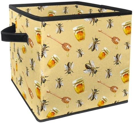 VAPOKF Boîte de rangement pliable, cube de rangement en tissu, organiseur, bacs avec poignées pour jouets, vêtements, livres, placard, chambre, maison – Aquarelle abeilles et pots de miel