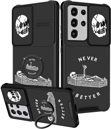 VincitoreModa for Samsung Galaxy S21 Ultra Case - [2in1] Women Girls Cute Skeleton Skull Phone Cover Ring Holder Stand Girly Teens Unique Cool Slide Camera Cover Design for Samsung S21 Ultra Case 6.8