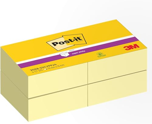 Post-it Super Sticky Notes Würfel, Kanariengelb, Packung mit 4 Blöcken, 270 Blatt pro Block, 76 mm x 76 mm, 100% PEFC - Extra-stark klebende Notizzettel für Notizen, To-Do-Listen und Erinnerungen