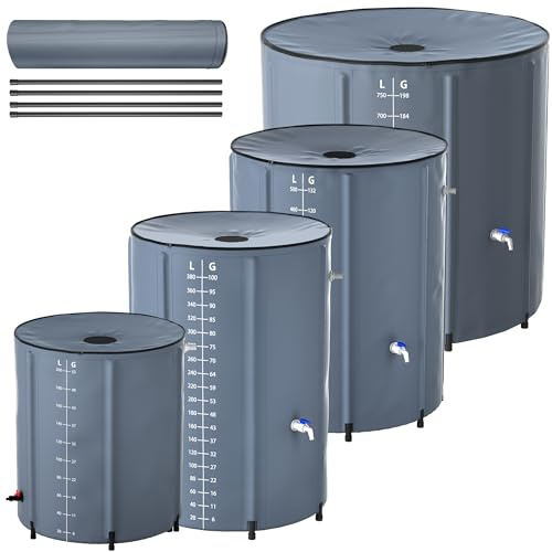 PEILU 200L Faltbare Regentonnen 50 Gallonen Wasserauffangbehälter mit Wasserhahn, Skala & Ablauf Tragbare Regenwassertonne mit Stützstab Grau Wassertank zum Sammeln von Regenwasser Garten Regentank