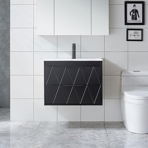 UEV Waschtisch mit Unterschrank, Waschbeckenunterschrank 60cm hängend | mit 2 Schubladen, Soft-close-System, Waschplatz, Aufsatzwaschbecken , Badmöbel für Gäste WC, Schwarz