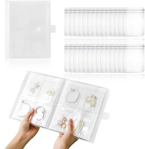 MHYMX Almacenamiento de joyas de viaje, bolsa de joyas para viajes, organizador de pendientes transparente, 160 rejillas y 100 bolsas de PVC, organizador de joyas portátil para anillos, pendientes,