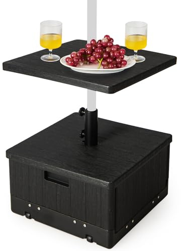 COSTWAY Pied de Parasol Carré, Base de Parasol en HDPE avec Plateau de Table, Support de Parasol Pratique avec Roues et Poignées, Charge 45 L d’Eau ou 67 KG de Sable, 53 x 53 x 45 cm (Noir)