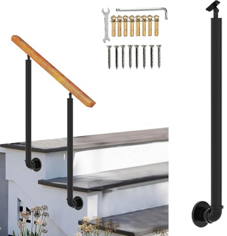 Hamankim Handlauf mit 2–4 Stufen, Geländer aus Holz für Treppengeländer, rutschfestes Sicherheitshandlauf aus industriellem Metall für den Innen- und Außenbereich, Pfosten aus Rundrohr(80cm(31.5in))