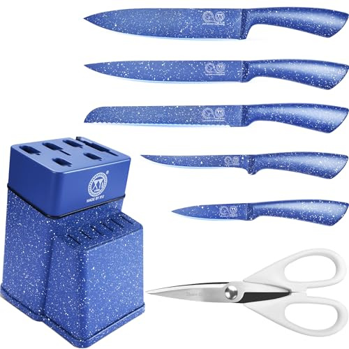 XYJ Authentic Since 1986, Kitchen Knife Block Set, Stainless Steel Kitchen Knife Set With Knife Holder, Blue Color Meat Cleaver Paring Slicing Chef Knives Kitchen Cutlery