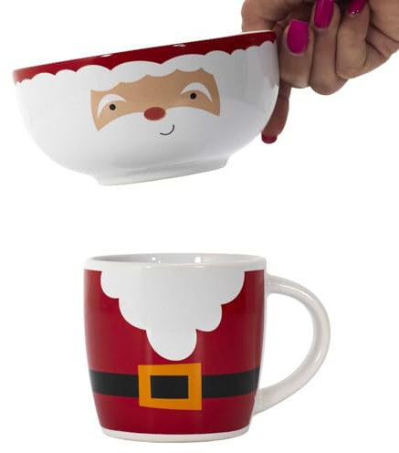 HOME DECO FACTORY - KA0403 Mug et Bol de Noël en Céramique - Design Festif et Coloré - 300 ML - Couleur Rouge - Compatibles Lave-Vaisselle et Micro-Ondes