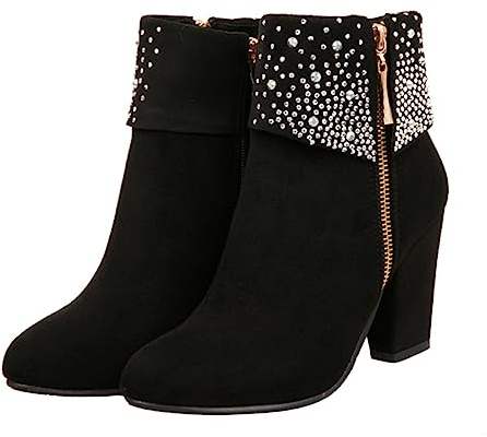 COSMEVIVI Botines Cortos de Boda Negros para Mujer, Tacón Grueso y Brillante, Piel Sintética, Zapatos Elegantes para Otoño E Invierno, Talla 36, para Eventos Formales