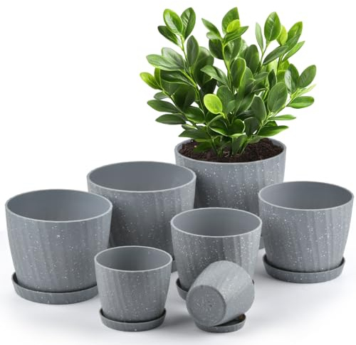 Kunststoff Blumentopf mit Untersetzer 7er-Set, Plastik Blumentopf Übertopf Zimmerpflanzen Kräutertopf mit Mehrere Ablauflöchern, Pflanzentopf Blumenübertöpfe für Innen für Sukkulenten Kaktus, 7 Größen