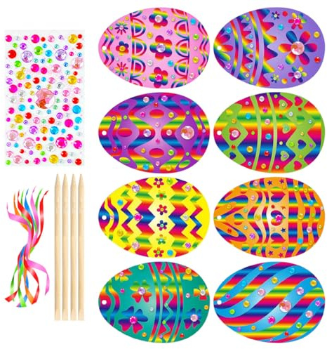 Healifty Osterkratzer Set Mit 8 Ostereiern Kreatives Bastelset FüR Kinder 6 Jahre Und Erwachsene Inklusive HolzstäBchen BäNder Und Strassaufkleber Ideal FüR Osterhandwerk Und Familienbasteln