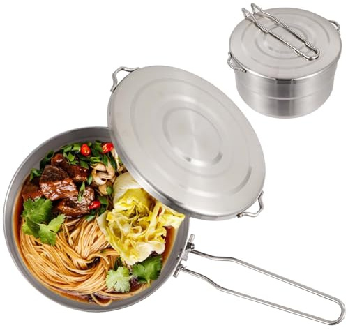 Camping Topf, 1.5L Edelstahl Camping Geschirr mit Deckel & Faltbare Griff Camping Kochtopf Outdoor Geschir Set für Camping Wandern Picknick