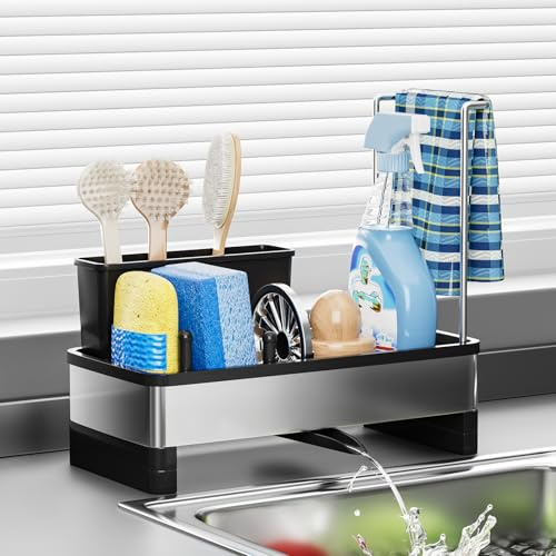 Ewaiira Stainless Steel Sink Caddy, Sponge Holder for Kitchen Sink with Brush Holder and Towel Rack, Sink Organizer for Countertop, Soap Dispenser Kitchen Organizers Storage Essentials (A-Black)