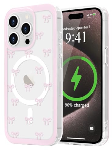 LCHULLE Cover per iPhone 15 Pro Max Magnetica Trasparente,Fiocchi | Compatibile con MagSafe,Custodia con Motivo Fragole o Fiocchi a Farfalla per Ragazze e Donne,Protettiva Silicone Case
