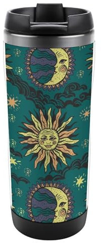 JZemdybill Taza de café de viaje aislada de acero inoxidable de 380 ml, taza de viaje de sol y luna con tapa a prueba de fugas, parte inferior antideslizante