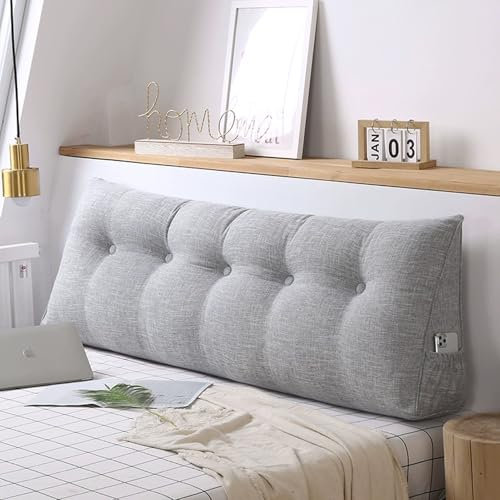 AZVFLY Keilkissen für Bett und Sofa: Bequem Rückenkissen Praktisches Seitenfach multifunktions Wandkissen dreieckiges Lesekissen (Hellgrau, 120 * 50 * 20)