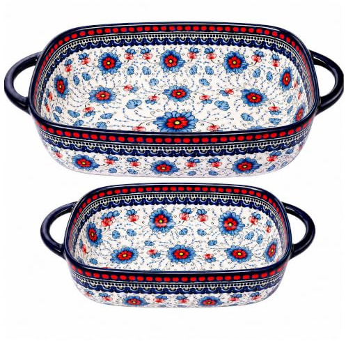 Moqidadii 2-Piece Hand-Painted Polish Pottery Style Ceramic Baking Dish Set | 64 oz + 25 oz Dishes for Small Meals, Baked Pasta, Small Casseroles, Roasted Vegetables, Sides and Oven-to-Table Serving