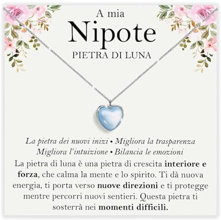 Bramart Collana Nipote Pietra di Luna Regali per lei Idea Regalo per Natale Compleanno Collane nipoti Argento Oro – Cofanetto DEDICA incluso (Collana pietra luna nipote)