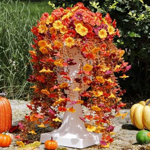 CCTIVED Artificial Mums for Outdoors, 6pcs Fake Fall Hanging Morning Glory Flowers UV Resistant Faux Fall Mums for Outdoor Planters, Basket, Balcony-Mix Fall Color