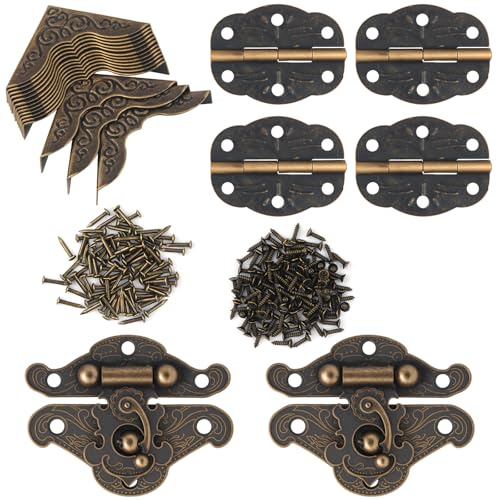 122-teiliges Vintage-Bronze-Scharnier für Möbeldekoration,antike gravierte Riegel-Haspenscharniere für Schmuckschatullen-Dekoration, Eckschutz-Hardware-Set für Schachteln/Holzkisten-Schmuck