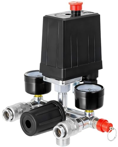 Kompressor Druckregler für Luftkompressor, Druckschalter Kompressor, Kompressor Ersatzteile mit 2 Anzeigen, 2 Kupplungen und Sicherheitsventil