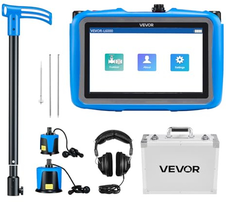 VEVOR Détecteur de Fuite Eau Canalisations Souterraines Extérieur Profondeur 5 m, 1-10000 Hz, Écran Tactile LCD, avec Capteur Moyen et Grand, 3 Sondes Écoute, Casque, Étui Transport, pour Plomberie