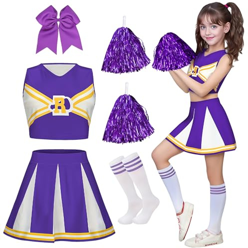 XFOZDM Deguisement Pompom Girl Enfant Deguisement Cheerleader Fille Costume Pom Pom Girl Fille Tenue de Pompom Uniforme avec Bandeau Pompons et Chaussettes pour Carnaval Halloween Fête Violet 140