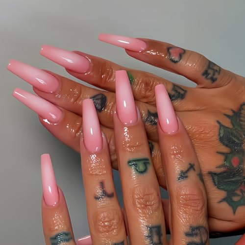 24 Stück Gradient Medium Ballerina Künstliche Nägel zum aufkleben - Pink Weiß Ombre Press on Nails, Natürlich Full Cover Fingernägel mit Nagelkleber, für Frauen Nageldesign