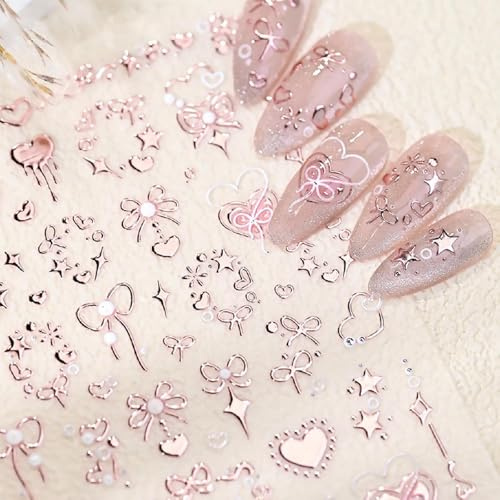 Nagelkunst Aufkleber, 5D geprägte rosa Schleifen Nagelaufkleber für romantische Herz Schleifen Nageldesigns, rosa Motive, Nagelzubehör für Frauen und Mädchen, DIY Maniküre