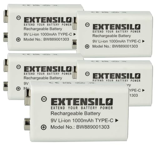EXTENSILO 5X Batería de 9 V reemplaza Daitem BATV13 (1 Ah, 9 V, Li-Ion), Recargable, Ready-to-Use, con USB-C