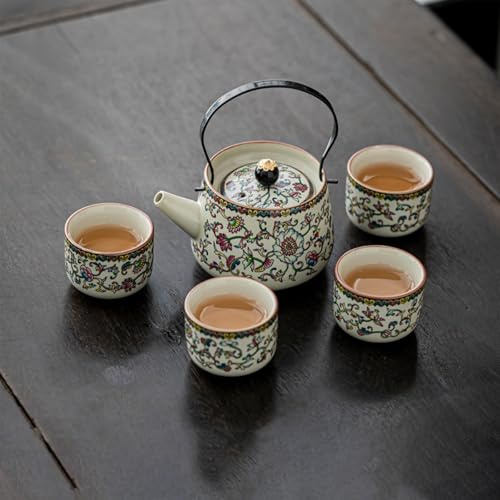 Chinese Tea Set – Palace-Style Famille Rose Floral Ceramic Gongfu Tea Set with Gaiwan/Handle Teapot, 4 Heat-Resistant Cups, Durable Tea Ceremony Kit for Home & Office Use(C)