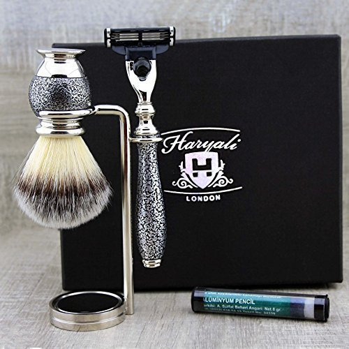 Klassisches Rasierset für Männer mit: Synthetische Rasierpinsel, Mach3 Rasiermesser & Ständer + kostenloser ALUM-STICK. Vintage Style Premium Silber Antik Antik Spezial Design