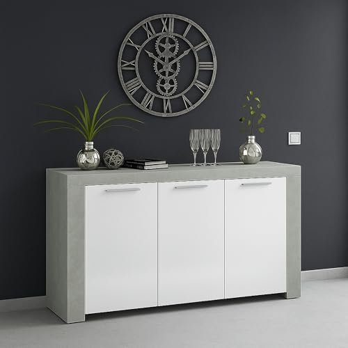 Dmora - Buffet Bellevue, Salon Meuble TV, Armoire Moderne 3 Portes, 144x42h80 cm, Ciment et Blanc