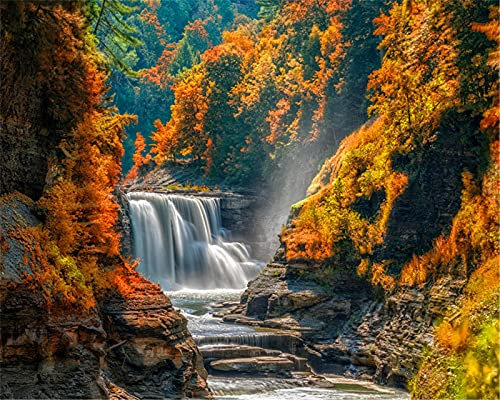 YEESAM ART Kunstbedarf Herbst Wasserfall Landschaft, Malen nach Zahlen Erwachsene 16x20 Zoll DIY Ölgemälde Zahlenmalerei Öl Wandkunst (Wasserfall, mit Rahmen)