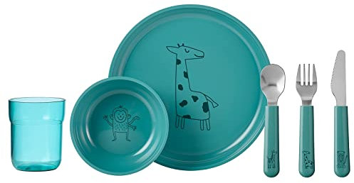 Geschirr Set Mepal Set Kindergeschirr mio 6-teilig Teller Schüssel Becher Besteck Deep Turquoise MEPAL