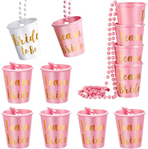 Aoen 12Pcs Hen Party Shot Glass Necklace Set | Plastic beaded bridal shot glasses with chains, 1 Bride to Be + 11 Team Bride, bachelorette party favors
