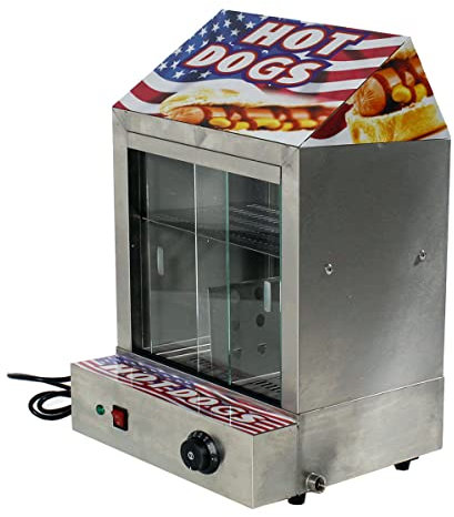 Todocarritos Máquina de Hot Dogs de Acero Inoxidable para Comida Rápida. Capacidad de 200 Salchichas + 50 Panecillos, Bandejas Extraíbles y Válvula de Drenaje para Limpieza Fácil y Eficiente.