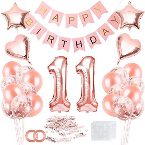 Bluelves 11 Jahre Geburtstag Mädchen, Dekoration Geburtstag 11 Jahre Rosegold, Ballon 11 Jahre Geburtstag, Deko zum Geburtstag, 11 Jahre, Banner, Luftballons, Konfetti, Roségold