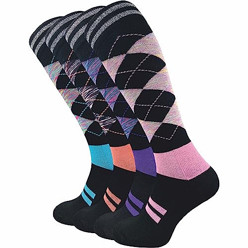 GAWILO Chaussettes d’équitation femme en coton (4 paires) Chaussettes hautes à motif argyle, idéales pour bottes d’équitation