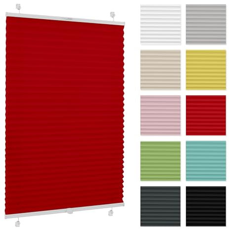Plissee ohne Bohren 60 cm x 120 cm - Rot - Plissee klemmfix, Rollos für Fenster ohne Bohren, Jalousien Fenster für innen, Raffrollo, Fenster plissee