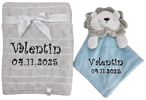 KIDDI-MEDIA Babydecke inklusive Trösterchen, Grau Hellblau Löwe | Name und Geburtsdatum Bestickt, Kuschelig weich