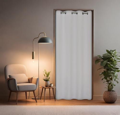 tinycurtains, Thermo Türvorhang mit Vorhangstange & Magneten zum Abdichten, einfache Montage ohne Bohren in 1 Min (195 x 150 cm weiß + Stange Silber 70–120 cm + 6 Magnete)