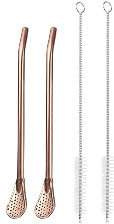 QUARKZMAN 2Stk Edelstahl Strohhalme Löffel 7.1 Wiederverwendbar Metall Trinkender Strohhalm Löffel mit Filter 2 Reinigung Bürsten für Milchshake Getränke Cocktail Rose Gold
