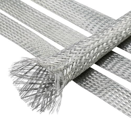 FOURUB Cable Shielding Sleeve Tinned Copper Braided Sleeving Flexible Expandable Metal Ground Straps Wire Harness Protector (1/2-18ft, Silver)