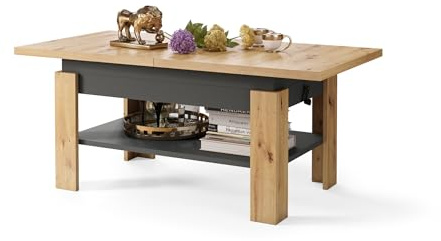 All4All Couchtisch Rino - Kaffeetisch - Wohnzimmertisch mit Ablage - Sofatisch - ausziehbar bis 170cm - höhenverstellbar - 130x65cm - 05 - Artisan Eiche + Anthrazit