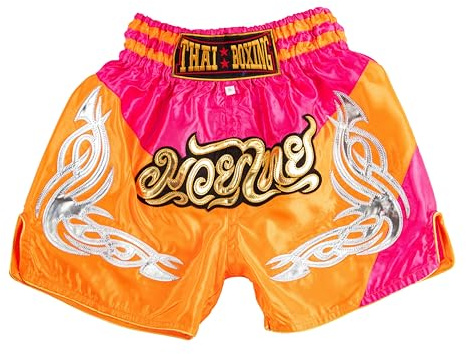 MUAY NATION Pantaloncini Muay Thai per Bambini (2-12 Anni) Trunks da Boxe per Ragazzi e Ragazze per Kickboxing, MMA, Arti Marziali (IT, età, 4 Anni, 6 Anni, Regular, Prm Arancione/Rosa)