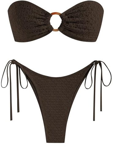 ZAFUL Women's Bandeau Bikini Strapless O Ring Lace Tie Back High Cut Two Piece Swimsuit Bathing Suits (2-Deep Brown, M)
