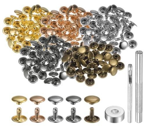 QUARKZMAN 100 Sets 10mm x 8mm Leder Nieten Doppelkappe Nieten Mehrfarbig | Runde Druckknöpfe, Metall, Tubular, Mit 3 Stück Werkzeugen, Für Handwerk Reparatur Dekoration, Gürtel Kleidung