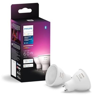 Philips Hue Smart 60W GU10 LED Bulb - White and Color Ambiance Color-Changing Light - 2 Pack - 450LM - Indoor - Control with Hue App - Works with Alexa, Google Assistant and Apple Homekit, 584680