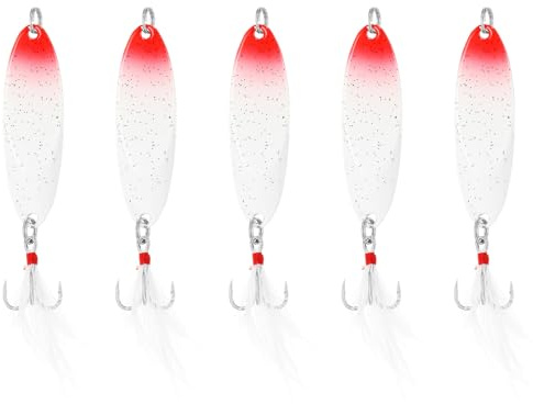 PATIKIL 5Pcs Cucharillas De Pesca 1/2 Oz 14g Señuelos De Pesca Rojo Blanco | Cucharillas Giratorias, Con Anzuelos Triple, Para Agua Dulce Y Salada Salmón Lubina