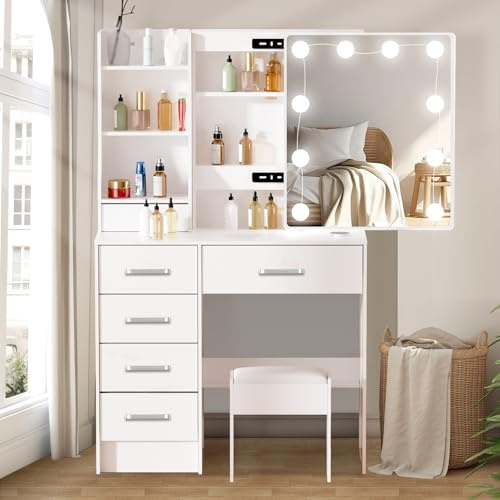 Aovquof Tavolo da toeletta con illuminazione a LED in stile Hollywood, con specchio e sgabello, con 6 cassetti e 3 scomparti aperti, bianco, moderno, ideale in camera da letto